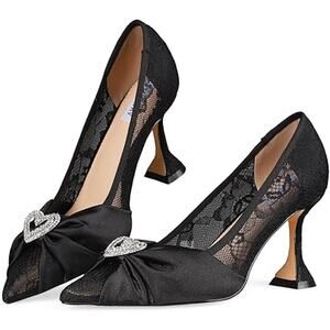 New Aminugal Womens Size 9.5 Black Lace SIlver Heart 3.5" Heel Closed Toe Shoes